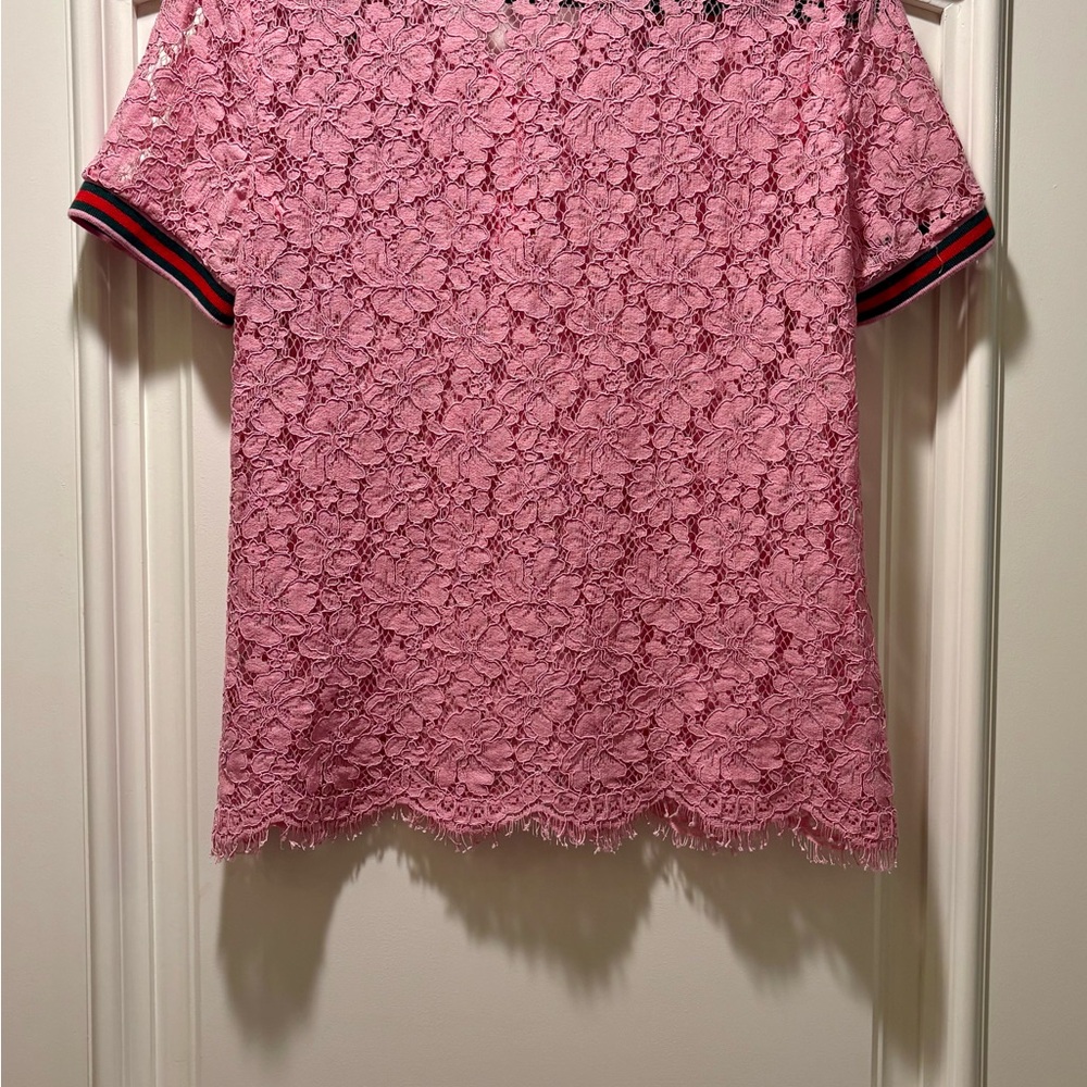 Pink Lace Polo Shirt with Floral Embroidery - Picture 4 of 4